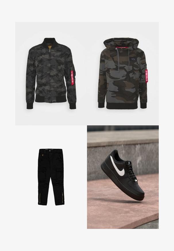 Tarnfarbenes Bomberjacke in Schwarz und Grau. Glattes, leichtes Material mit gerippten Bündchen und Bund. Verfügt über einen Reißverschluss und eine Utility-Tasche.; Camouflage-Hoodie in verschiedenen Dunkelgrün- und Grautönen, mit einer großen Fronttasche, einer Kapuze mit Kordelzug und einer Reißverschlusstasche mit rotem Anhänger.; Schwarze Cargo-Hosen aus Baumwolle mit Seitentaschen, Reißverschluss-Akzenten an den Knöcheln und einer regulären Passform.; Schwarzer Nike Air Force 1 Sneaker mit weißem Swoosh-Logo, der über einer Steinformation schwebt, vor einem grauen strukturierten Hintergrund.