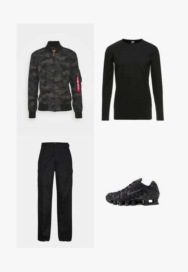 Kamuflážová bomber bunda v čiernej a sivej farbe. Hladká, ľahká tkanina s rebrovanými manžetami a pásom. Obsahuje zips a úložnú kapsu.; Urban Classics STRETCH TERRY - Top s dlhým rukávom - black; Čierne cargo nohavice so strihom rovného strihu, s bočnými vreckami, zapínaním na gombík a elastickými manžetami na členkoch. Vyrobené z odolnej tkaniny.; Čierne športové topánky vyrobené zo sieťoviny a syntetických materiálov, s výrazným vlnitým dizajnom, čiernou gumovou podrážkou a reflexnými prvkami.