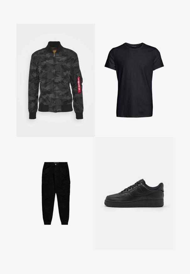 Tarnfarbenes Bomberjacke in Schwarz und Grau. Glattes, leichtes Material mit gerippten Bündchen und Bund. Verfügt über einen Reißverschluss und eine Utility-Tasche.; Schwarzes T-Shirt mit kurzen Ärmeln aus weicher Baumwolle, mit Rundhalsausschnitt und glatter Textur, ohne Muster oder zusätzliche Akzente.; Schwarze Cargo-Hosen aus Baumwolle, ausgestattet mit zwei Fronttaschen und zwei seitlichen Cargo-Taschen, mit elastischen Bündchen und einem elastischen Bund.; Nike Sportswear AIR FORCE 1 07 FLYEASE - Sneaker low - black