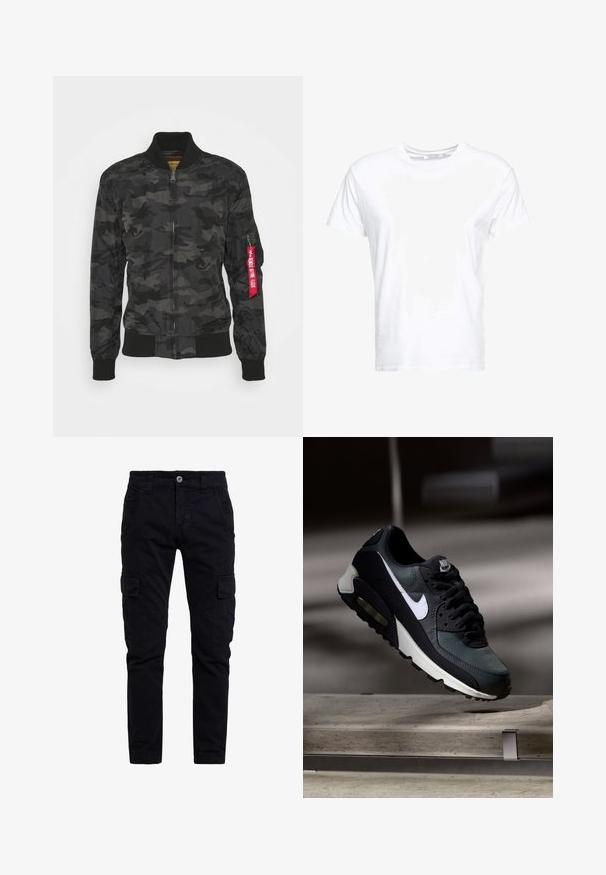 Camouflage bomberjack in zwart en grijs. Soepele, lichte stof met ribgebreide manchetten en tailleband. Voorzien van een ritsluiting en een utility zak.; Witte katoenen t-shirt met een ronde hals en korte mouwen, in een klassiek model met een gladde textuur. Geen patronen of hardware zichtbaar.; Zwarte katoenen cargobroek met een slim fit, voorzien van zijzakken en een sluiting met knoop aan de voorkant. Gelaagd, duurzaam materiaal met een veelzijdig ontwerp.; Zwart-grijze Nike Air Max sneaker met witte swoosh, zwevend boven een betonnen oppervlak tegen een wazige donkere achtergrond.