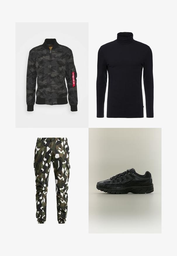 Tarnfarbenes Bomberjacke in Schwarz und Grau. Glattes, leichtes Material mit gerippten Bündchen und Bund. Verfügt über einen Reißverschluss und eine Utility-Tasche.; Schwarzes Langarm-Turtleneck-Shirt aus weichem, dehnbaren Stoff. Verfügt über ein tailliertes Design und eine glatte Textur. Keine sichtbaren Muster oder Akzente.; Tarnfarbene Cargo-Hosen in Grün, Braun und Weiß. Features eine schmal zulaufende Passform, mehrere Taschen und elastische Bündchen an den Knöcheln.; Schwarzer Nike Laufschuh mit Mesh- und synthetischem Obermaterial, Schnürverschluss und strukturierter Sohle, von der linken Seite vor neutralem Hintergrund gezeigt.