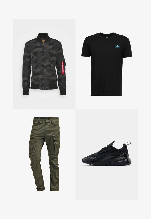 Tarnfarbenes Bomberjacke in Schwarz und Grau. Glattes, leichtes Material mit gerippten Bündchen und Bund. Verfügt über einen Reißverschluss und eine Utility-Tasche.; Alpha Industries T-Shirt basic - black/blue; Olivgrüne Cargo-Hosen aus strapazierfähiger Baumwolle. Sie verfügen über mehrere Taschen, eine mit Reißverschluss versehene Seitentasche und ein tapered Bein mit einer leicht strukturierten Oberflächenbeschaffenheit.; Schwarzer Nike Air Max 270 Sneaker mit strukturiertem Obermaterial, Mesh-Einsätzen und einer glänzenden Ferse mit einer auffälligen Luftpolsterungseinheit.