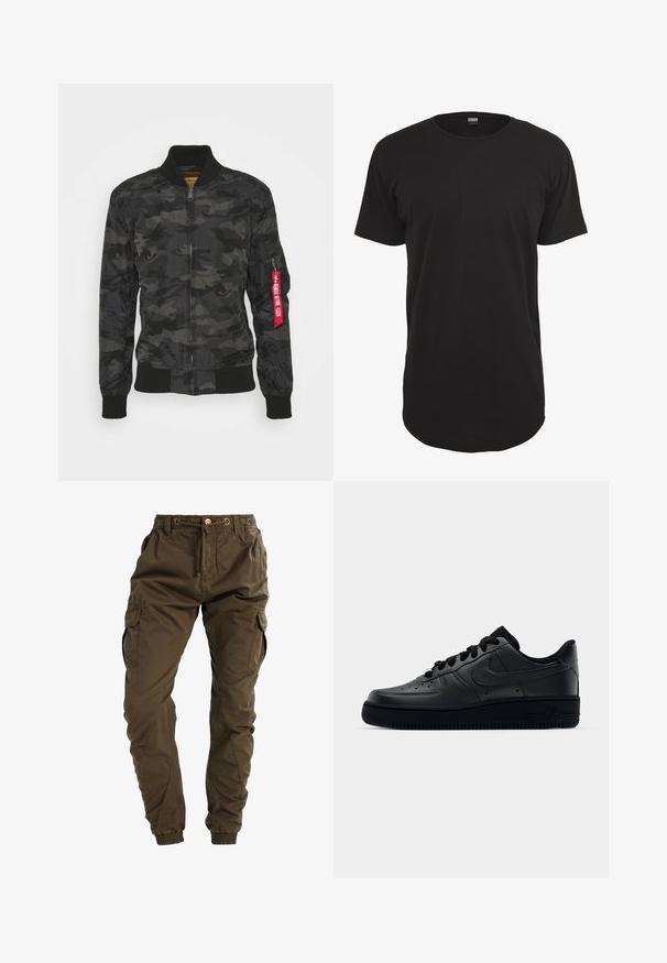 Camouflage bomberjack in zwart en grijs. Soepele, lichte stof met ribgebreide manchetten en tailleband. Voorzien van een ritsluiting en een utility zak.; Zwart T-shirt met korte mouwen, gemaakt van katoen. Heeft een ronde hals en een rechte snit met een iets langere achterkant. Zachte textuur.; Cargo pantalons in olijfgroen, gemaakt van katoen. Voorzien van een elastische tailleband, trekkoord, zijzakken en taps toelopende manchetten. Duurzame stof. ; Zwarte Nike Air Force 1 sneaker met een gladde leren bovenkant, geperforeerde neus voor ademend vermogen, zwarte veters en een getextureerde rubberen zool.