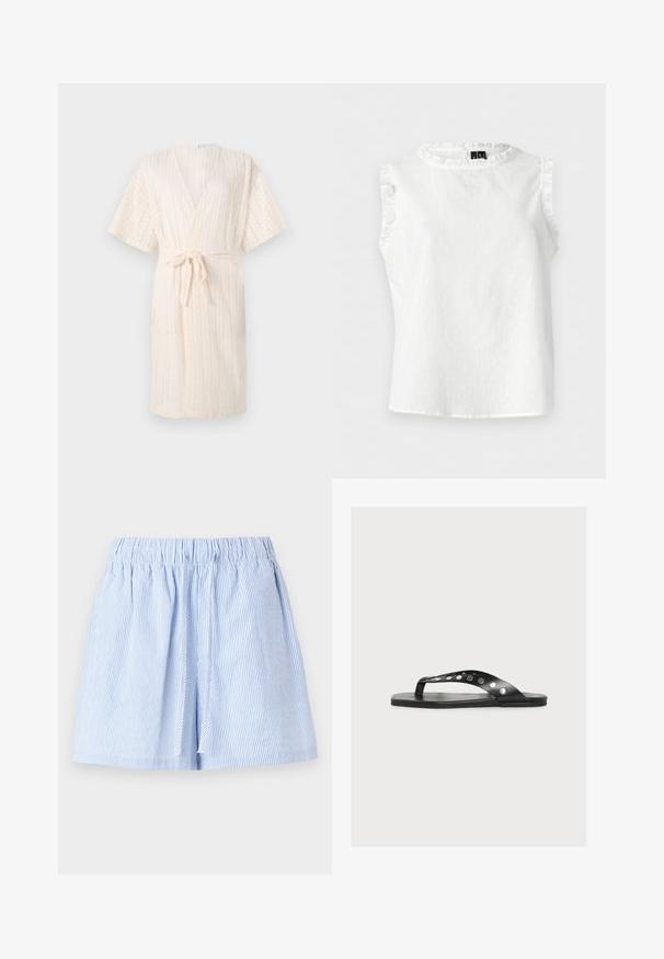 Ropa en tono beige claro estilo kimono con cintura ajustable, que presenta un patrón texturizado en forma de chevron y mangas cortas, confeccionada en un tejido transpirable.; Blusa blanca sin mangas con puntos texturizados y ribete fruncido en el cuello y las aberturas de los brazos, mostrada plana sobre un fondo blanco.; Pantalones cortos de rayas azul claro con cintura elástica y detalle de cordón. Confeccionados en una tela suave, tienen un ajuste relajado y un diseño plisado.; Sandalia plana tipo chancla negra con una tira ancha decorada con tachuelas redondas plateadas sobre un fondo blanco.