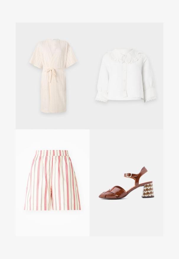 Hento vaaleanbeige kimono-tyylinen viitta, jossa on sitomisvyö, teksturoitu vinoraitakuvio ja lyhyet hihat, valmistettu hengittävästä kankaasta.; Valkoinen vauvan pitkähihainen paita, jossa on aaltoilevat pitsikaulus ja kalvosimet, napillinen edessä ja hieman poimutetut hihat.; Raidalliset shortsit valkoisena, puna-mustana. Joustava vyötärö, polvipituinen, kevyttä kangasta. Pystysuorat raidat vaihtelevilla leveyksillä ja väreillä.; Ruskeat patenttinahkaiset korolliset sandaalit, joissa on ristikkäiset etuhihnat ja nilkkahihna. Korossa on geometrinen kuvio.