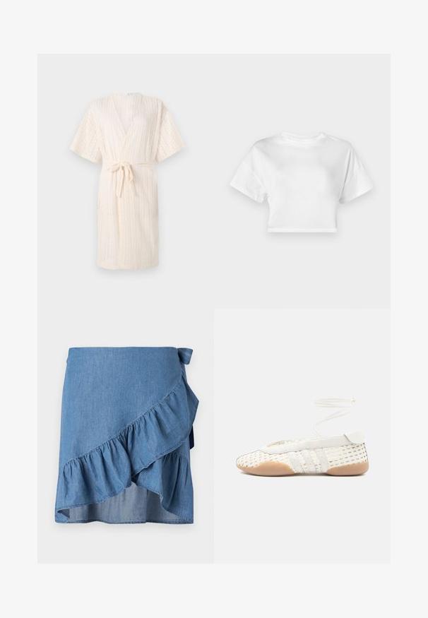 Robe kimono beige clair avec une ceinture, présentant un motif en chevrons texturé et des manches courtes, faite d'un tissu respirant.; T-shirt blanc court en coton. Manches courtes, col rond, texture lisse, design décontracté sans motifs ni embellissements.; Jupe portefeuille en denim bleu clair, avec un ourlet à volants et un détail à nouer à la taille. Texture lisse et silhouette fluide.; Chaussure blanche tissée avec une tige texturée, dotée d'un bout arrondi, d'accents en cuir blanc et d'une semelle en caoutchouc flexible. Lacets fins attachés.