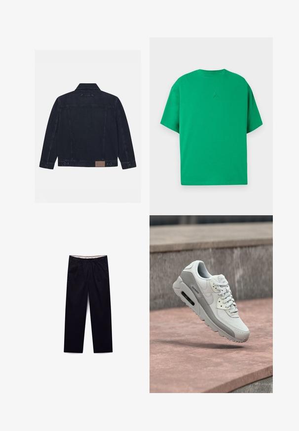 Chaqueta de mezclilla oscura con cuello clásico, mangas largas y detalles de botón. Incluye un parche de logo marrón en la parte inferior de la espalda. Diseño simple y casual.; Camiseta verde de manga corta con cuello redondo y pequeño logo Jumpman en relieve centrado en el pecho.; Pantalones negros de pierna recta con pliegues delanteros, trabillas para cinturón, bolsillos laterales y cierre de botón sobre fondo blanco.; Zapatilla deportiva blanca y gris con detalles de malla y cuero flota sobre una superficie de piedra rosa y un fondo de hormigón gris.