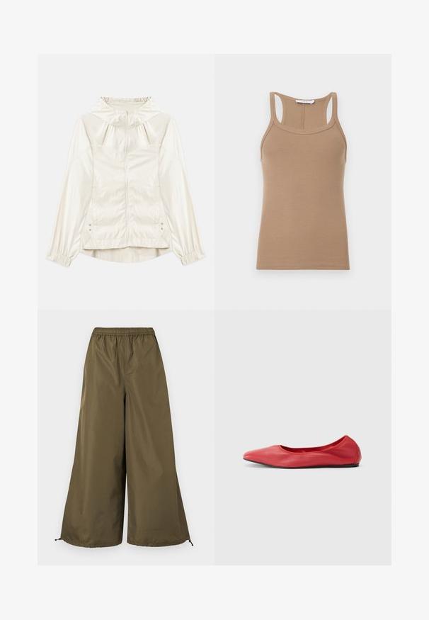 Veste légère de couleur crème avec capuche, fermeture éclair à l'avant, poignets élastiques et poches latérales. Texture lisse avec un léger éclat.; Débardeur beige en maille côtelée sans manches avec un dos nageur et un col rond, présenté à plat sur un fond clair.; Pantalon ample à jambes larges de couleur vert olive avec taille élastique et cordons réglables au bas.; Filippa K REY FLATS - Ballerines - bright red