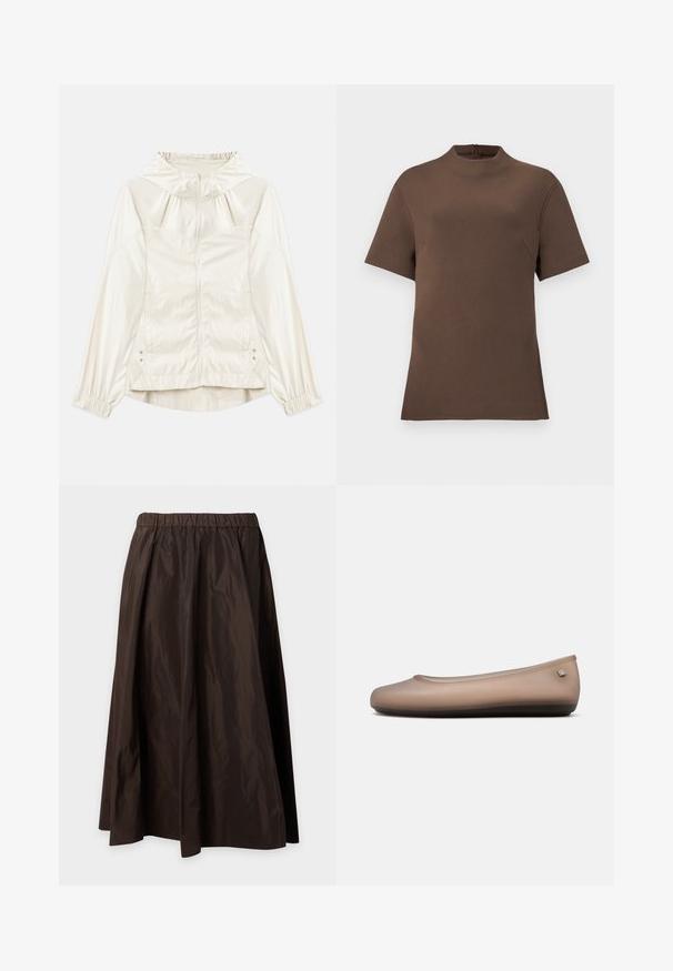 Veste légère de couleur crème avec capuche, fermeture éclair à l'avant, poignets élastiques et poches latérales. Texture lisse avec un léger éclat.; Haut court marron à manches courtes avec un col montant et une fermeture éclair au dos. Fabriqué à partir d'un tissu lisse avec une texture subtile. Dispose d'une poche sur le côté.; Jupe midi marron foncé avec taille élastique froncée et texture de tissu lisse légèrement brillante sur fond uni.; Ballerine beige à enfiler avec bout arrondi et petit détail de logo argenté près du talon sur fond blanc uni.