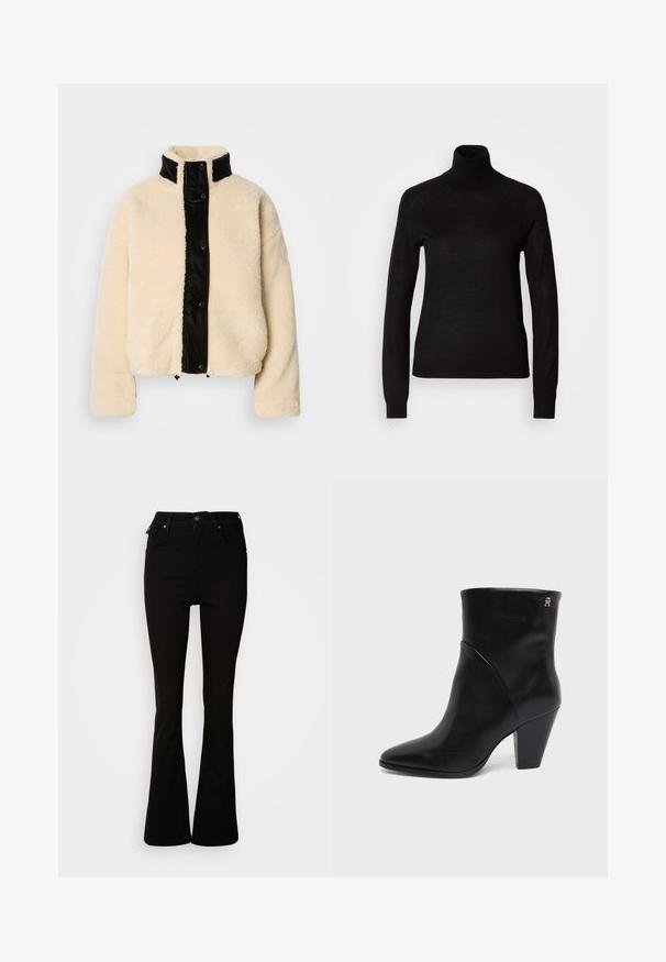 Crème-kleurige fleece jas met een glanzend zwart voorpaneel, hoge kraag en drukknoopsluiting; heeft een zachte textuur en cropped ontwerp.; Zwarte coltrui gemaakt van een lichte gebreide stof. Beschikt over lange mouwen en een aansluitende snit met raglan naden.; Zwarte flared jeans van denim, met een hoge taille, voorzakken en een klassiek vijf-pocket ontwerp met metalen accenten.; Zwarte leren enkellaars met puntige neus, blokhak en klein gouden logo nabij de bovenzijde aan de buitenkant.