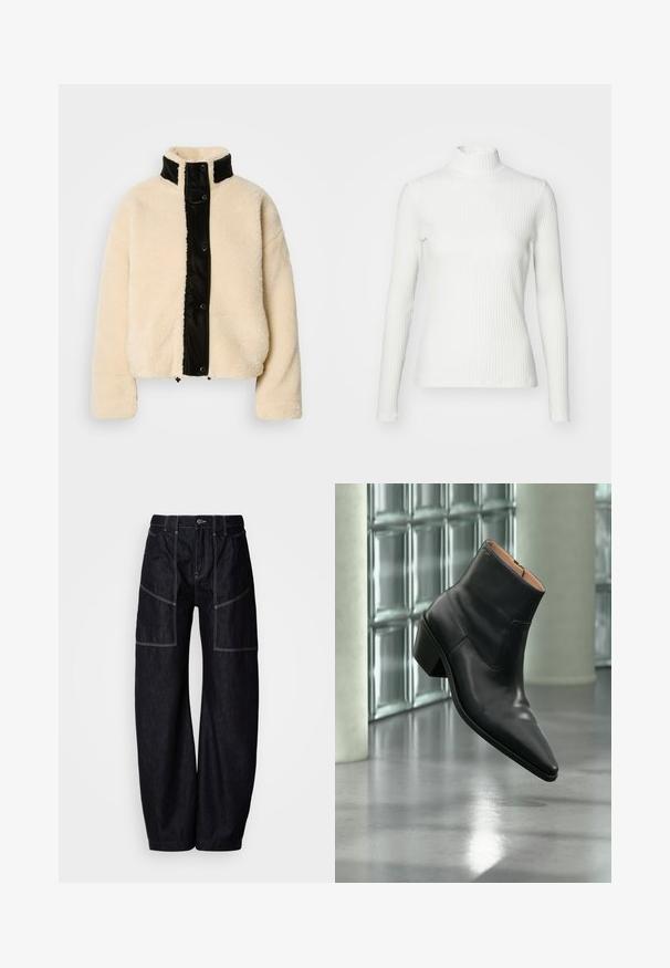 Crème-kleurige fleece jas met een glanzend zwart voorpaneel, hoge kraag en drukknoopsluiting; heeft een zachte textuur en cropped ontwerp.; Witte geribbelde coltrui met lange mouwen, gemaakt van rekbare stof. Heeft een getailleerd ontwerp en een hoge halslijn voor bedekking.; Donkere denim wijde broek met meerdere voorzakken, contrasterende stiksels en een knoopsluiting in de taille. Glad oppervlak en casual ontwerp.; Zwarte leren enkellaars met een spitse neus en blokhak die zweeft boven een reflecterende grijze vloer nabij een glazen blokmuur.
