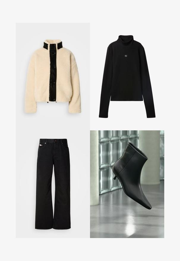 Crème-kleurige fleece jas met een glanzend zwart voorpaneel, hoge kraag en drukknoopsluiting; heeft een zachte textuur en cropped ontwerp.; Zwarte geribde coltrui met lange mouwen en een klein vierkant Calvin Klein-logo midden op de borst.; Zwarte wijde spijkerbroek van katoen. Voorzien van zijzakken, een knoopsluiting en een klassieke denimtextuur. Minimalistisch ontwerp zonder patronen.; Zwarte leren enkellaars met spits toelopende neus en lage kittenhak, schuin weergegeven tegen een gepolijste vloer en een glazen blokken muur als achtergrond.