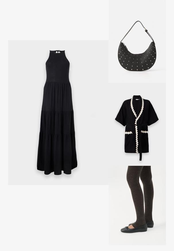 Zwarte jurk met korte mouwen, crèmekleurige scalloped rand langs de kraag en zakken, met een bijpassende riem. Gestructureerde stof.; Zwarte mouwloze halter maxi-jurk met gelaagde rok en sluiting met strik aan de achterkant, weergegeven op een effen lichtgrijze achtergrond.; Benen met donkere geribbelde leggings gecombineerd met zwarte ballerina's met kleine strikdetails op een witte achtergrond.; Zwarte leren handtas met een gebogen vorm, versierd met zilveren studs, voorzien van een ritssluiting en een enkele verstelbare schouderband.