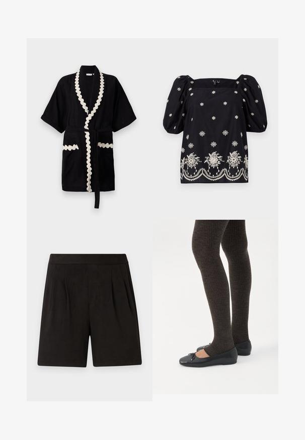 Bata negra con mangas cortas, borde crema con forma de concha en el cuello y los bolsillos, que incluye un cinturón a juego. Tejido texturizado.; Blusa negra de corte holgado con mangas abullonadas. Presenta bordados florales blancos y un ribete decorativo en la parte inferior. Escote cuadrado.; Pantalones cortos negros de tela suave, con una textura lisa, cintura elástica y diseño frontal plisado. Simples y sin adornos.; Piernas con leggings oscuros acanalados combinados con bailarinas negras que presentan pequeños detalles de lazo sobre un fondo blanco.