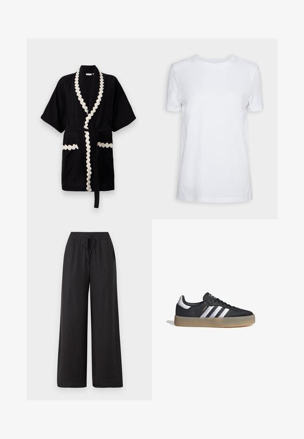Bata negra con mangas cortas, borde crema con forma de concha en el cuello y los bolsillos, que incluye un cinturón a juego. Tejido texturizado.; Camiseta blanca lisa de manga corta con cuello redondo, ajuste regular y una pequeña etiqueta interior en el cuello que dice "SELECTED FEMME."; Pantalones de pierna ancha negros, hechos de un material suave y ligero. Cuentan con una cintura elástica con cordón y bolsillos laterales.; Zapatilla deportiva de cuero negro con tres rayas plateadas, punta texturizada y suela de goma. Cuenta con un collar acolchado y un diseño con cordones.