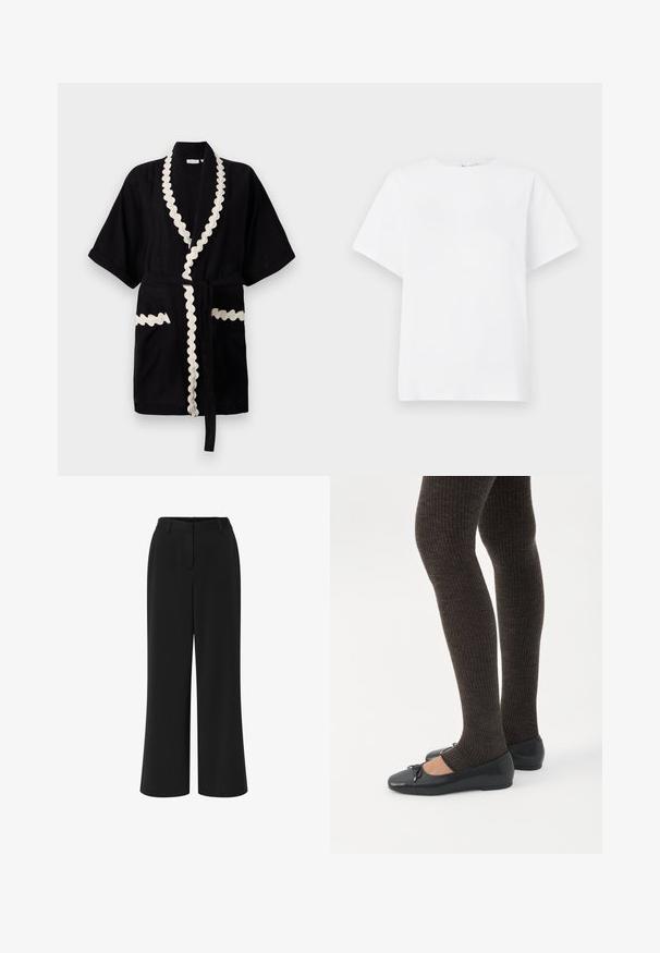 Bata negra con mangas cortas, borde crema con forma de concha en el cuello y los bolsillos, que incluye un cinturón a juego. Tejido texturizado.; Camiseta blanca de manga corta hecha de algodón. Presenta un cuello redondeado, un corte relajado y una textura suave sin patrones ni acentos.; Pantalones de pierna ancha negros fabricados en una tela suave. Presenta una parte delantera plana, cinturilla con pasadores para cinturón y dos bolsillos laterales.; Piernas con leggings oscuros acanalados combinados con bailarinas negras que presentan pequeños detalles de lazo sobre un fondo blanco.