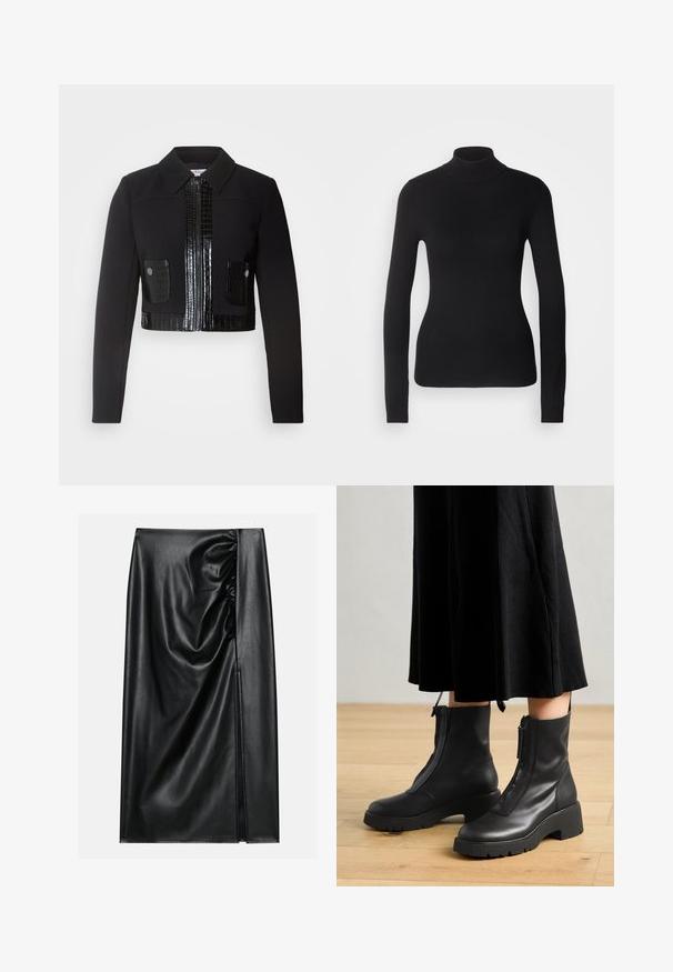 Morgan VARIN - Veste légère - noir; Pull à col roulé noir en maille légère. Il possède des manches longues, une coupe ajustée et une texture côtelée douce.; Jupe en cuir noir avec une texture lisse, présentant une section froncée sur un côté et une fente sur le côté pour un détail supplémentaire.; Bottines en cuir noir avec une semelle plateforme épaisse et une fermeture éclair à l'avant. Texture lisse avec un design minimaliste.