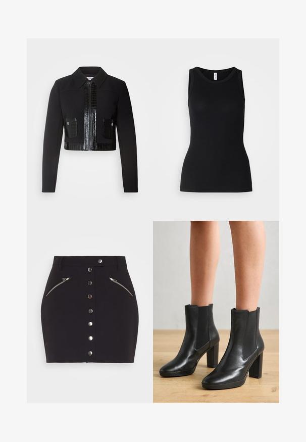 Morgan VARIN - Veste légère - noir; Débardeur noir sans manches en tissu côtelé, avec un col rond et une coupe ajustée, à la texture douce et sans motifs.; Samsøe Samsøe JOLINA SKIRT - Minijupe - black; Bottes noires en cuir jusqu'aux chevilles avec un talon carré, dotées de panneaux latéraux élastiques, d'une texture lisse et d'une silhouette épurée.