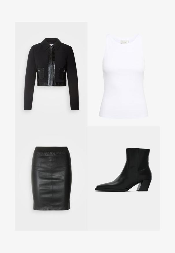 Morgan VARIN - Veste légère - noir; Débardeur blanc côtelé avec un col rond et sans manches. Tissu extensible et design ajusté. Étiquette au dos indiquant "GESTUZ."; Jupe crayon noire en cuir lisse, dotée d'une taille élastique pour une silhouette ajustée et un design minimaliste.; Bottine en cuir noir avec un bout pointu, une silhouette élégante et un talon carré massif. Texture lisse avec des détails de couture minimalistes.
