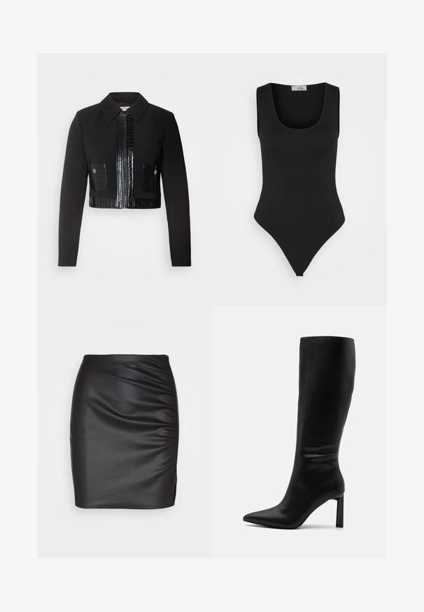 Morgan VARIN - Veste légère - noir; Bodysuit noir avec un col rond, design sans manches, texture sans couture et taille haute. Dispose d'un dos en thong et de coutures minimales.; Jupe longue en simili cuir noir ajustée avec une texture froncée sur un côté et une petite fente sur l'ourlet, créant une silhouette élégante.; Even&Odd by Zalando Bottes - black