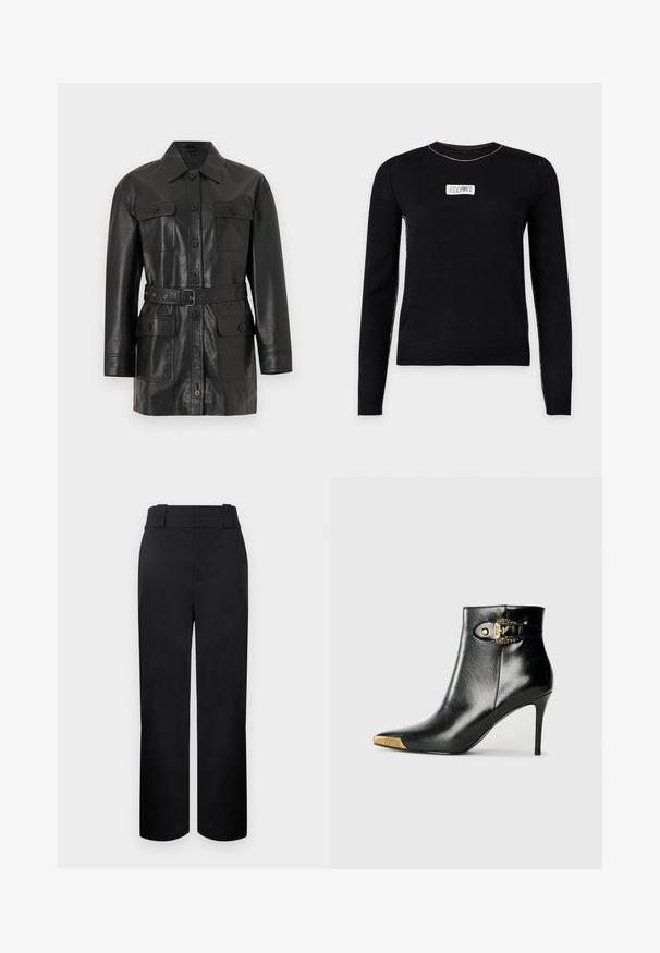 Veste longue en cuir noir à manches longues avec fermeture à boutons, quatre poches à rabat boutonnées et une ceinture assortie à la taille.; Pull noir à manches longues avec des coutures blanches le long des bords et une petite étiquette blanche rectangulaire avec des chiffres sur la poitrine.; Pantalon noir taille haute, jambes droites, avec larges passants de ceinture et fermeture avant dissimulée sur un fond clair.; Bottine noire en cuir brillant, avec un bout pointu, un talon aiguille, et des accessoires dorés ornés d'une boucle décorative.