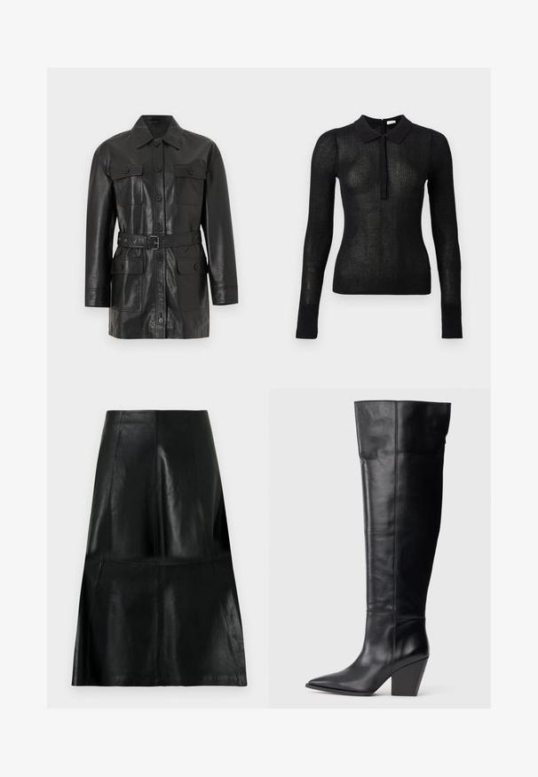 Veste longue en cuir noir à manches longues avec fermeture à boutons, quatre poches à rabat boutonnées et une ceinture assortie à la taille.; Haut en tricot noir à manches longues, ajusté, avec une texture transparente et un col uni, patte de boutonnage à l'avant, présenté sur un fond uni.; Jupe en cuir noire longueur genou avec des coutures de panneaux verticales et horizontales, légèrement évasée au bas.; Botte noire en cuir, à bout pointu, avec un talon bloc haut et anglé, et des coutures verticales le long de la tige.