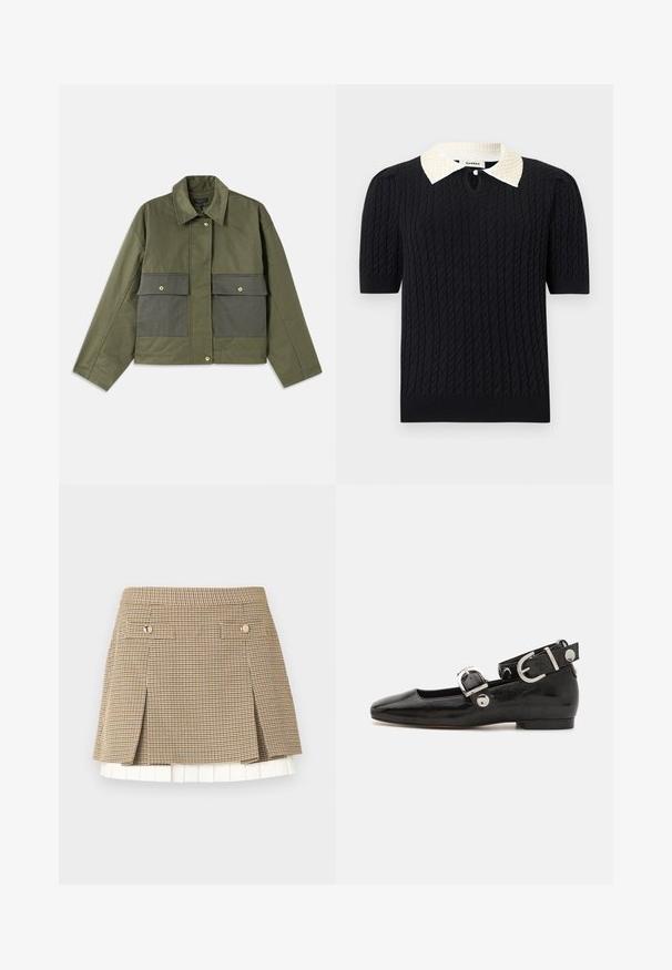 Veste olive en coton avec col, fermeture à boutons et deux grandes poches avant avec rabats.; Haut noir en maille à manches courtes avec motif torsadé, doté d'un col pointu blanc orné de perles et d'une petite ouverture frontale avec bouton.; Jupe courte à carreaux avec des motifs beige, noir et blanc, comprenant deux rabats avant boutonnés et un détail à l'ourlet plissé blanc.; Ballerine en cuir verni noir avec un bout carré, sangle de cheville avec des détails en métal argenté et semelle plate. Texture lisse avec un design minimaliste.