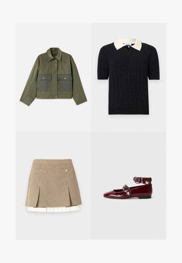 Veste olive en coton avec col, fermeture à boutons et deux grandes poches avant avec rabats.; Haut noir en maille à manches courtes avec motif torsadé, doté d'un col pointu blanc orné de perles et d'une petite ouverture frontale avec bouton.; Jupe courte à carreaux avec des motifs beige, noir et blanc, comprenant deux rabats avant boutonnés et un détail à l'ourlet plissé blanc.; Ballerines en cuir verni bordeaux avec un bout pointu, une bride de cheville avec une boucle en argent et un petit talon. Texture lisse sur l'ensemble.