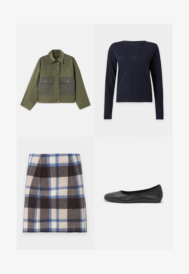 Veste olive en coton avec col, fermeture à boutons et deux grandes poches avant avec rabats.; Chemise noire à manches longues avec col en V et quatre petits boutons le long de l'encolure sur un fond clair uni.; Jupe mini à carreaux dans des tons beige, marron et bleu. Fabriquée en tissu doux avec une finition texturée et des plis plats pour la forme.; Ballerines en cuir noir avec un bout rond, texture lisse, détails de couture minimalistes et design de semelle flexible.