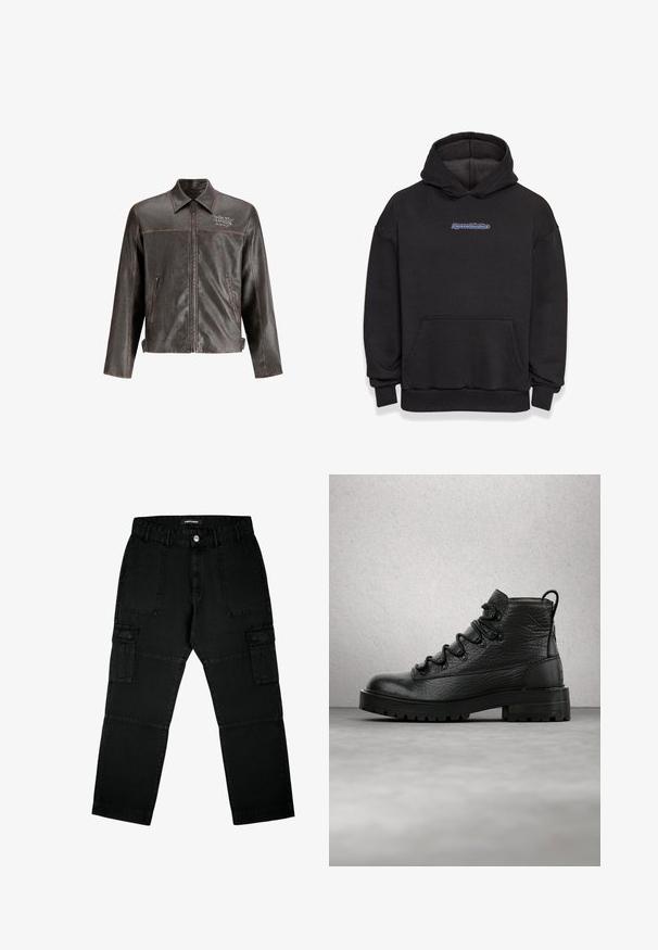 Braune Lederjacke mit Kragen, Frontreißverschluss und zwei seitlichen Taschen. Mit Kontrastnähten und "DON'T HARD"-Stickerei auf der Brust.; Schwarzer Kapuzenpullover aus einem Baumwollmischgewebe. Verfügt über eine vordere Tasche und ein Logo in Blau und Rot. Gerippte Bündchen und Saum.; Schwarze Cargo-Hosen aus Denim, ausgestattet mit mehreren Taschen, einem geraden Schnitt und strukturiertem Stoff mit sichtbaren Nähdetails.; Schwarze Leder-Stiefeletten mit strukturiertem Obermaterial, sechs Ösen und einer robusten Sohle. Mit einer Fersenschlaufe für einfaches An- und Ausziehen.
