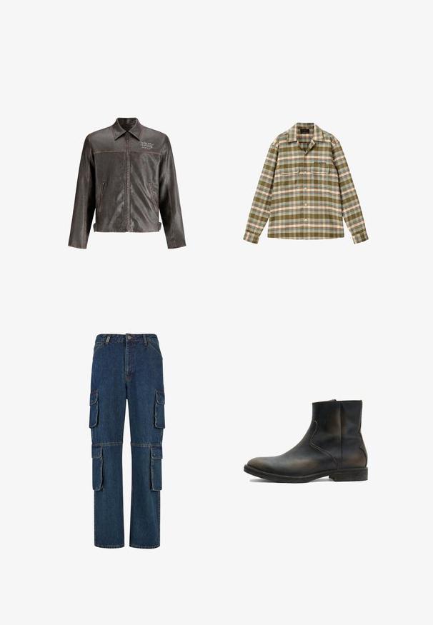 Brun læderjakke med krave, front lynlås og to sidelommer. Har kontrastsyninger og "DON'T HARD" broderi på brystet.; Langærmet skjorte med knapper, mønstret med grønne, beige og blå tern, to brystlommer og "AllSaints" logo på venstre lomme.; Mørkeblå denim cargo bukser med flere sidelommer, lige ben-design og kontrasterende syninger. Holdbart stof med en klassisk pasform.; AllSaints LANG - Støvletter - brown
