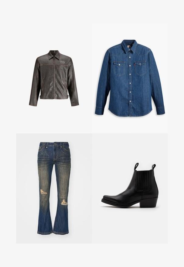 Brun læderjakke med krave, front lynlås og to sidelommer. Har kontrastsyninger og "DON'T HARD" broderi på brystet.; Denim skjorte i mørkeblå med lange ærmer, spids krave og trykknapper. Har to brystlommer med klapper og kontrastsying.; Denim flared jeans, mørkeblå med slidte pletter, nedslidte knælæsioner, fem lommer og detaljer i sølvfarvet hardware.; Kentucky's Western Cowboy- / bikerstøvlette - black