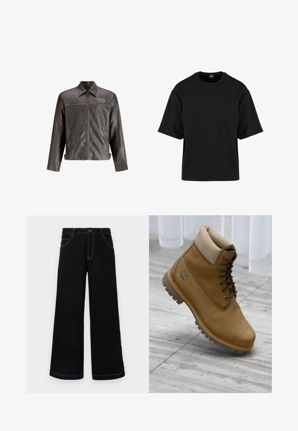 Bruine leren jas met een kraag, voorkant rits en twee zijzakken. Heeft contrasterende stiksels en 'DON'T HARD' borduring op de borst.; Urban Classics SCUBA TEE - T-shirt basic - black; Zwarte wijde spijkerbroek met knoopsluiting, vijf zakken en contrasterende witte stiksels langs de naden.; Tan suède veterlaars met gewatteerde kraag en robuuste zool, rustend op een grijs betegelde vloer nabij witte gordijnen.