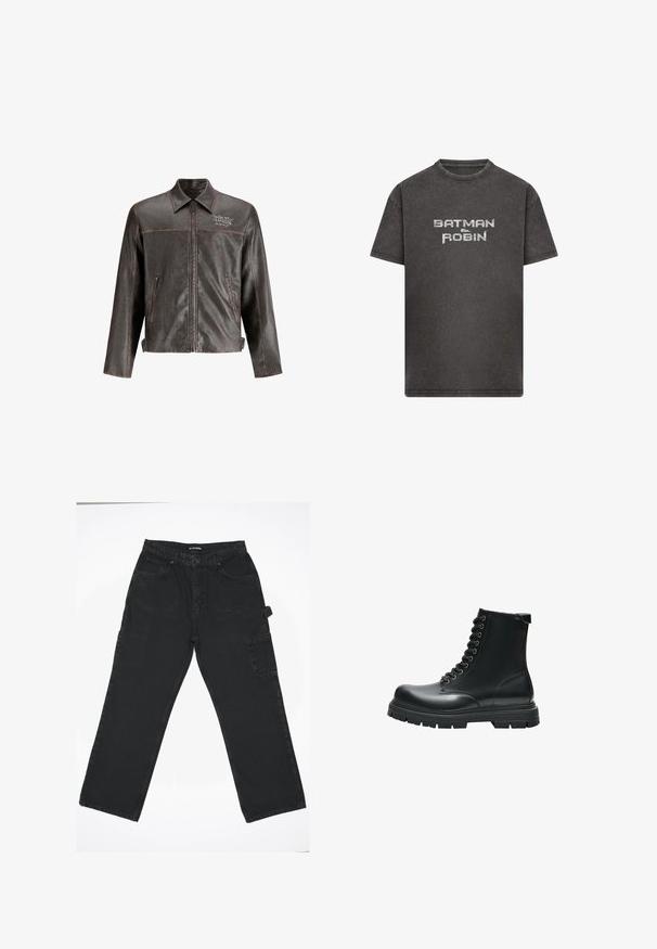 Bruine leren jas met een kraag, voorkant rits en twee zijzakken. Heeft contrasterende stiksels en 'DON'T HARD' borduring op de borst.; Koolstofgrijs T-shirt met korte mouwen, verweerde stof en de tekst "BATMAN & ROBIN" in lichtgrijs gedrukt op de voorkant in het midden.; Zwarte denim broek met een rechte pijpdesign, voorzien van een knoopsluiting aan de voorkant, achterzakken en een zijvak voor cargo.; Zwarte leren vetercombatboot met dikke rubberen zool en doorgestikte details, zijaanzicht op witte achtergrond.