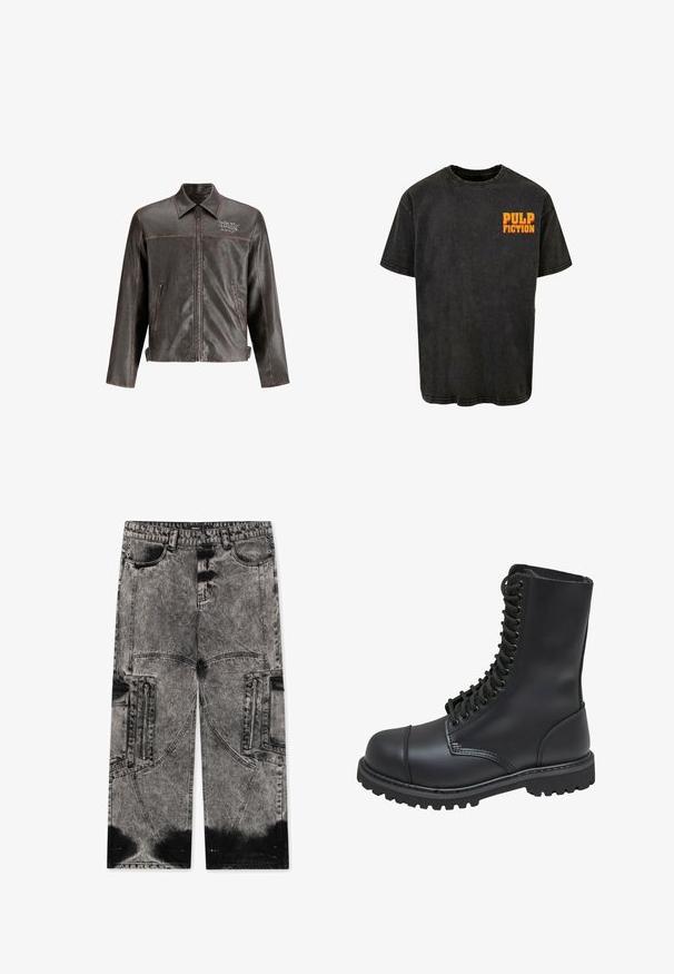 Bruine leren jas met een kraag, voorkant rits en twee zijzakken. Heeft contrasterende stiksels en 'DON'T HARD' borduring op de borst.; Zwarte katoenen t-shirt met een relaxte pasvorm, voorzien van een ontwerp met korte mouwen en een retro 'PULP FICTION' grafiek in oranje op de linkerborst.; FAVELA BIG POCKET - Wijde jeans - black acid washed; Zwarte leren gevechtslaars met een hoge schacht, vetersluiting aan de voorkant, gewatteerde kraag en een stevige, gestructureerde zool voor grip. Bevat een versterkte neus.
