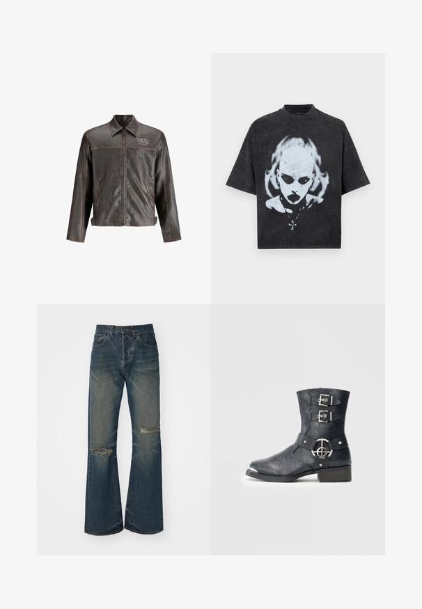 Chaqueta de cuero marrón con collar, cremallera frontal y dos bolsillos laterales. Presenta costuras en contraste y bordado "NO DURE" en el pecho.; Camiseta negra de talla grande con un gráfico blanco de una persona calva con ojos oscuros, lápiz labial, piercings y un collar con colgante de cruz.; Jeans de mezclilla azul acampanados con acentos descoloridos y roturas en las rodillas. Presenta una cintura alta y un diseño de cinco bolsillos, terminado con un cierre de botón.; Botín de cuero negro con puntera redondeada, dos correas con hebillas, detalles de herrajes plateados y tacón bajo apilado. Acabado texturizado.