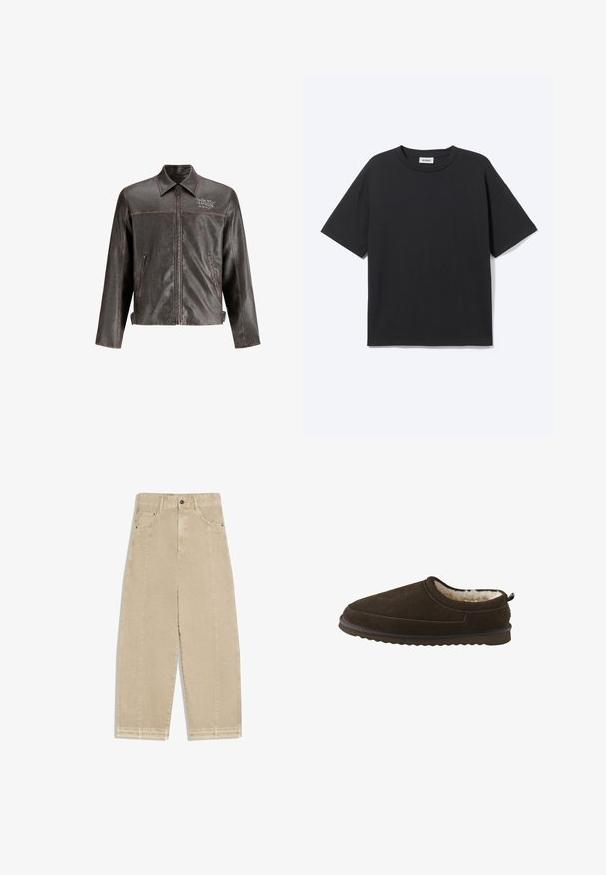 Brun læderjakke med krave, front lynlås og to sidelommer. Har kontrastsyninger og "DON'T HARD" broderi på brystet.; Sort T-shirt med korte ærmer og rund hals med afslappet pasform, forfra, ensfarvet design og synligt Weekday-mærke inde i kraven.; Beige vidbensjeans med høj talje, forlommer, knaplukning og frynser ved kanten.; Brune ruskinds slippers med blødt pelsfor, lavprofil-design, rund tå og tekstureret gummisål. Inkluderer en bagløkke for nem påtagning.