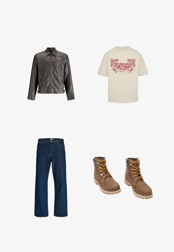 Braune Lederjacke mit Kragen, Frontreißverschluss und zwei seitlichen Taschen. Mit Kontrastnähten und "DON'T HARD"-Stickerei auf der Brust.; Cremefarbenes T-Shirt mit kräftigem rotem Grafiktext und dekorativen Paisley-Akzenten. Kurzärmlig und mit lockerem Schnitt.; Dunkelblaue gerade geschnittene Jeans mit Knöpfen vorne, Reißverschluss und Fünf-Taschen-Design.; Braune Lederarbeitsstiefel mit gelben Schnürsenkeln, gepolstertem Kragen, robustem Profil und kontrastierenden Nähten. Verstärkte Zehenkappe und Logodetail auf der Zunge.