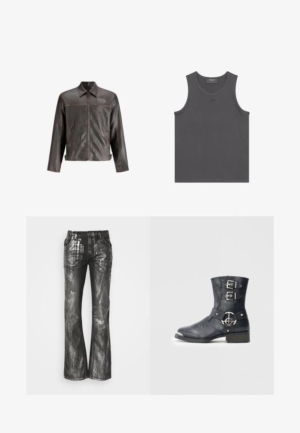 Braune Lederjacke mit Kragen, Frontreißverschluss und zwei seitlichen Taschen. Mit Kontrastnähten und "DON'T HARD"-Stickerei auf der Brust.; Dunkelgraues ärmelloses Tanktop mit rundem Ausschnitt und kleinem besticktem Logo unterhalb des Ausschnitts, mit Favela Größe Medium gekennzeichnet.; Schwarze Jeans mit weitem Beinschnitt und glänzender, silberner Oberfläche, ausgestattet mit vier Taschen und sichtbaren Nähten. Die Textur zeigt einen gebürsteten, metallischen Effekt.; Schwarzer Lederknöchelstiefel mit abgerundeter Spitze, zwei Riemen mit Schnallen, silbernen Metallakzenten und niedrigem Blockabsatz. Strukturierte Oberfläche.