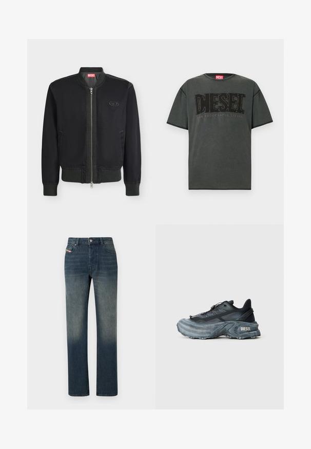 Veste bomber noire avec fermeture éclair à l'avant, col, poignets et taille côtelés, poches latérales et petit écusson logo sur la poitrine.; T-shirt à manches courtes gris foncé en coton. Présente un grand logo DIESEL noir et le texte "FOR SUCCESSFUL LIVING" dans un design contrastant.; Jean en denim bleu à jambe droite avec lavage délavé, fermeture avant par bouton et fermeture éclair, et design à cinq poches.; Baskets Diesel noires et grises avec semelle épaisse, système de laçage à bascule et design texturé sur fond gris clair uni.