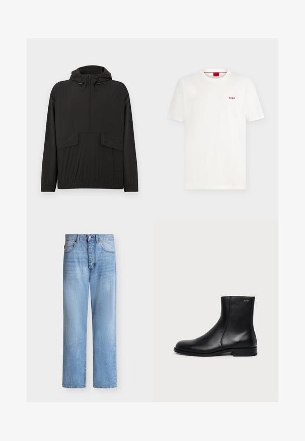 Veste imperméable noire avec capuche, fermeture à glissière partielle à l'avant, poignets élastiqués et deux poches avant. Texture lisse et coupe décontractée.; T-shirt blanc uni à manches courtes et col rond avec petit logo rouge "HUGO" sur la poitrine gauche et une étiquette rouge à l'intérieur du col.; Jean droit en denim bleu clair avec fermeture par bouton et zip, poches avant et arrière, et passants de ceinture à la taille.; Bottine en cuir noir à talon bas, couture latérale et petit logo "HUGO" sur le revers supérieur sur un fond uni.