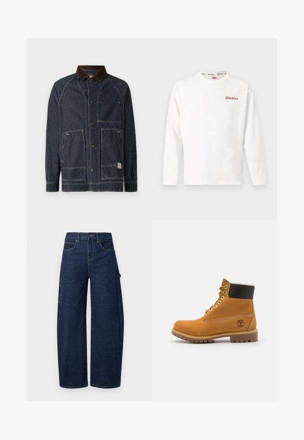 Veste de travail rayée marine avec un col en velours côtelé marron, dotée de deux poches avant et de fermetures à bouton, fabriquée en tissu durable.; T-shirt blanc à manches longues et col rond avec petit logo "Dickies" rouge sur la poitrine gauche et doublure de col marquée.; Jean denim bleu foncé à jambe large avec taille haute, poches avant et poche cargo latérale. Caractéristiques de surpiqûres contrastantes et fermeture à boutons.; Bottine en cuir brun avec œillets en métal, doublure en fourrure blanche, col rembourré noir, semelle robuste et logo en relief sur le côté.