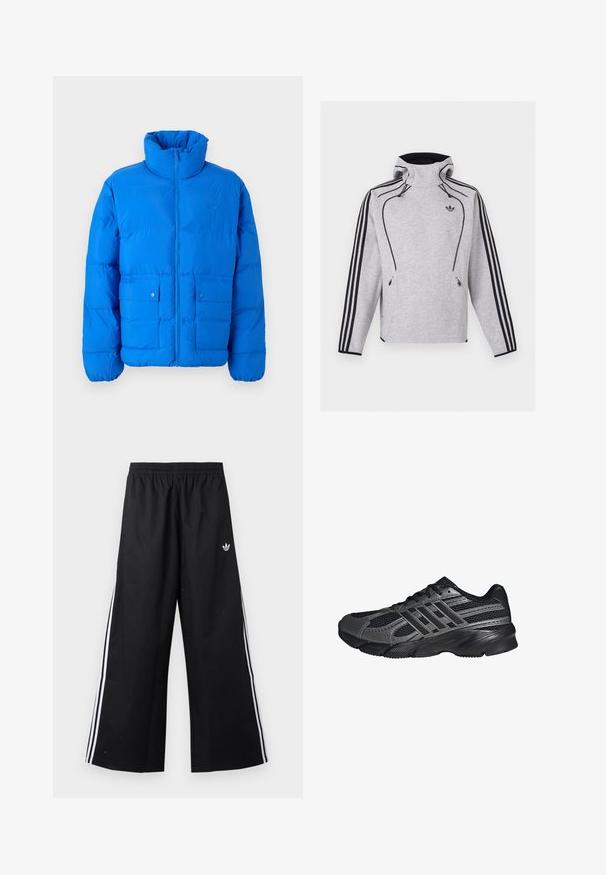 Blaue Steppjacke mit hohem Kragen, Frontreißverschluss und zwei Druckknopftaschen. Mit gestepptem Muster und elastischen Bündchen.; Hellgrauer Adidas Kapuzenpullover mit schwarzen Streifen an den Ärmeln, schwarzer Paspel, Reißverschlusstaschen und Adidas Trefoil-Logo auf der Brust.; Schwarze weite Trainingshose mit elastischem Bund, weißen Seitenstreifen und kleinem Adidas-Trefoil-Logo an der rechten Hüfte.; Schwarze Sportschuhe aus Netz- und synthetischem Material, mit einer strukturierten Oberfläche, mehreren grauen Streifen und einem gepolsterten Schaft.