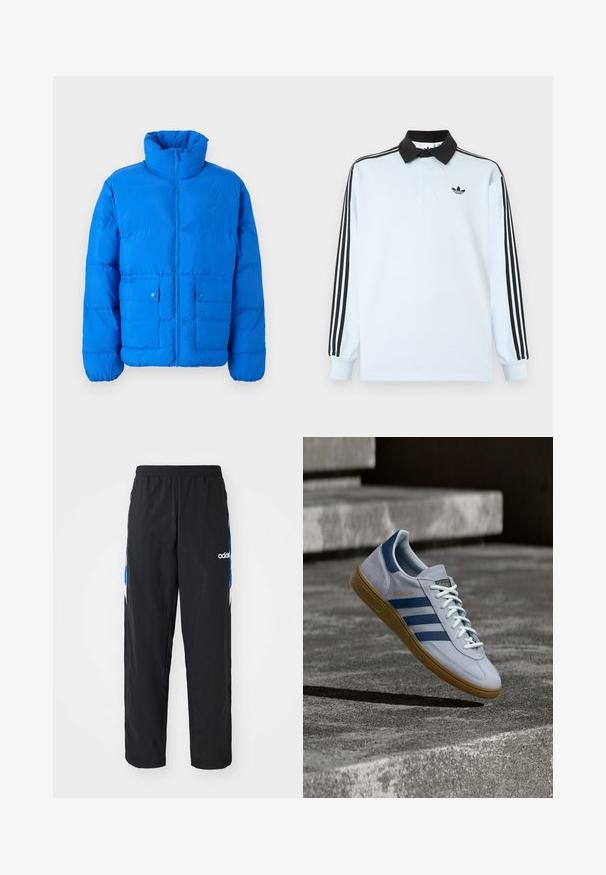 Blauwe pufferjack met een hoge kraag, voorkant met ritssluiting en twee drukknopzakken. Heeft een gewatteerde textuur en elastische manchetten.; Lichtblauw poloshirt met lange mouwen, een zwarte kraag, drie zwarte strepen op de mouwen, en een klein zwart logo op de borst.; Zwarte sportbroeken met een elastische tailleband, voorzien van blauwe en witte grafische accenten aan de zijkanten en een geborduurd logo.; Lichtblauwe Adidas Spezial sneaker met marineblauwe strepen en rubberen zool, getoond in de lucht boven betonnen trappen in een neutrale buitenomgeving.