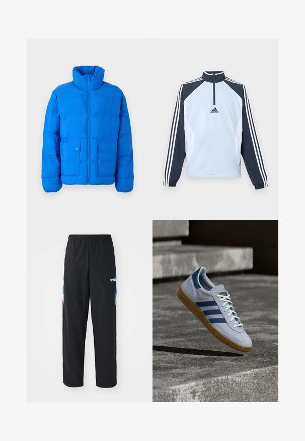 Chaqueta puff azul con un alto cuello, cierre frontal con cremallera y dos bolsillos con botón a presión. Presenta una textura acolchada y puños elásticos.; Chaqueta tipo pulóver azul claro con cuello alto, media cremallera y paneles de acento en azul oscuro y blanco. Presenta tres franjas blancas en las mangas.; Pantalones deportivos negros con cintura elástica, que presentan acentos gráficos en azul y blanco en los laterales, y un logo bordado.; Zapatilla Adidas Spezial azul claro con rayas azul marino y suela de goma, mostrada en el aire sobre escalones de hormigón en un entorno exterior neutral.