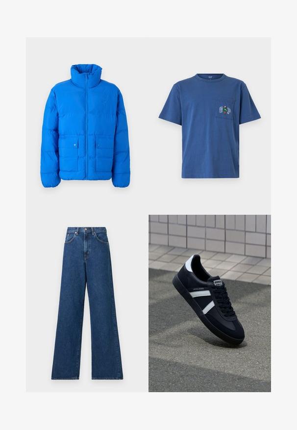 Blaue Steppjacke mit hohem Kragen, Frontreißverschluss und zwei Druckknopftaschen. Mit gestepptem Muster und elastischen Bündchen.; Blaues kurzärmeliges Rundhals-T-Shirt mit Brusttasche, auf der ein kleiner bestickter Bär mit einem grünen Pullover und den Buchstaben "G" und "P" abgebildet ist.; Weite blaue Denim-Jeans mit hohem Bund, ausgestattet mit Gürtelschlaufen und Vordertaschen. Der Stoff hat eine glatte Textur und minimale Nähte.; Schwarze Leder-Sneaker mit weißen Streifen, strukturiertem Gummisohle und Schnürung. Verfügt über ein Markenetikett auf der Zunge.