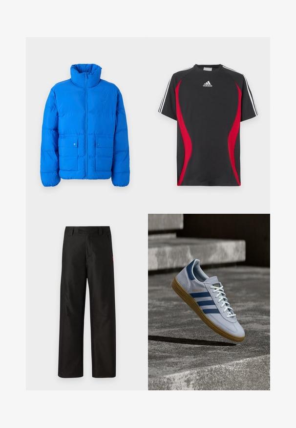 Blaue Steppjacke mit hohem Kragen, Frontreißverschluss und zwei Druckknopftaschen. Mit gestepptem Muster und elastischen Bündchen.; Schwarzes kurzärmeliges T-Shirt mit roten Seiteneinsätzen, weißem Adidas-Logo auf der Brust und weißen Schulterstreifen. Hergestellt aus einem glatten Stoff.; Schwarze, weit geschnittene Hose aus glattem Stoff, mit flachem Bund, Gürtelschlaufen und zwei seitlichen Taschen. Rotes Markenlogo als Akzent an der Seite.; Hellblauer Adidas Spezial Sneaker mit dunkelblauen Streifen und Gummisohle, in der Luft über Betontreppen in neutralem Außenbereich gezeigt.