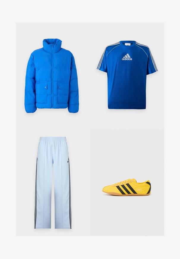 Sinine puff-jakk, millel on kõrge krae, ees lukuga ja kaks nööbiga taskut. Omab tikandit ja elastseid mansette.; Sinine Adidas spordisärk valge logoga rinnal, valgete triipudega õlgadel ja neoonkollase ääristusega õmblustel.; Hele sinised spordipüksid elastse vöökohaga, mustade küljeribadega ja väikese musta Adidas logo vasakul reiel.; Kollane sportlik jalanõu tekstuurse pealiskihiga, millel on mustad triibud ja logo. Ümar nina, pehme tallaosa ning materjalil siksakmuster.