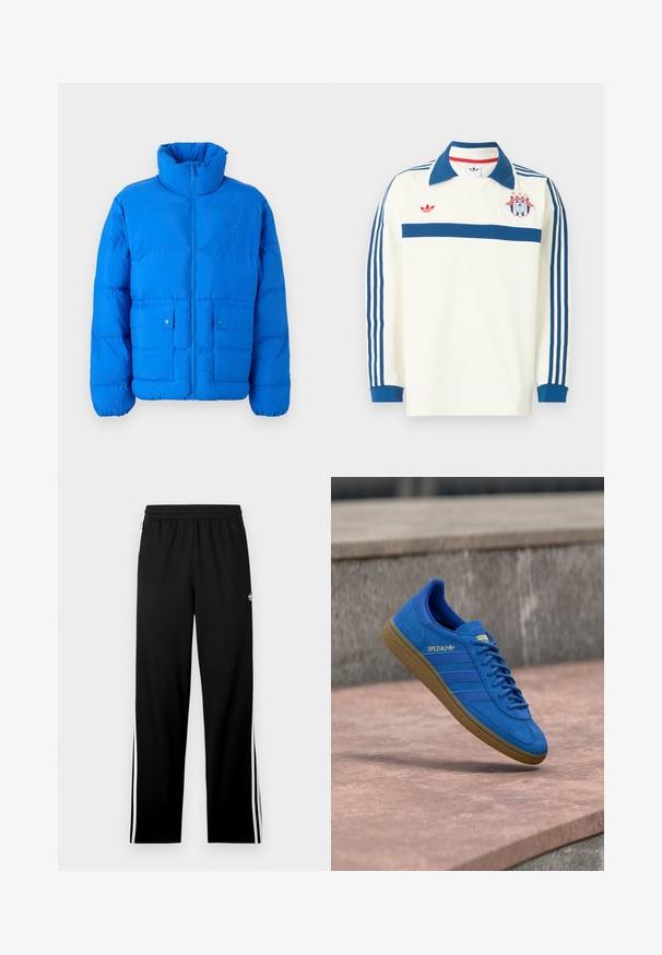 Blaue Steppjacke mit hohem Kragen, Frontreißverschluss und zwei Druckknopftaschen. Mit gestepptem Muster und elastischen Bündchen.; Weißes langärmeliges Sporttrikot mit blauem Kragen, blauen Streifen an den Ärmeln, blauem Bruststreifen, rotem Logo und einem Wappenschild mit Sternen auf der Brust.; Schwarze Sporthose aus Mesh-Gewebe mit geradem Schnitt, elastischem Bund und weißen Seitenstreifen. Sportlogo sichtbar.; Blauer Adidas Spezial Sneaker mit Gummisohle, Schnürsenkel gebunden, schwebend über einer glatten Steinoberfläche nahe einer grauen Betonwand.