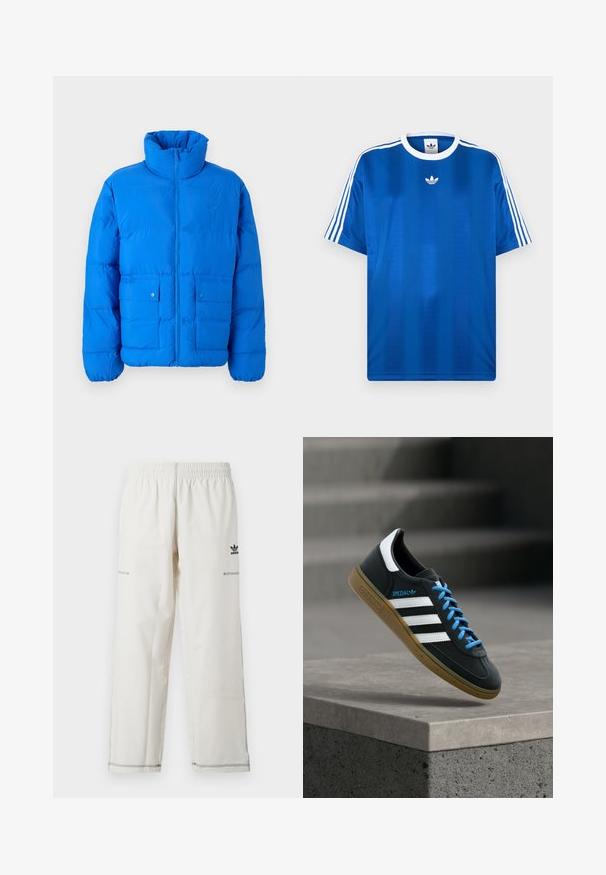 Blaue Steppjacke mit hohem Kragen, Frontreißverschluss und zwei Druckknopftaschen. Mit gestepptem Muster und elastischen Bündchen.; Königsblaues sportliches T-Shirt aus glattem Stoff, mit weißen Streifen an den Ärmeln und einem kleinen weißen Logo auf der Brust.; Weiße Sporthose mit elastischem Bund, seitlichen Taschen sowie schwarzem Adidas-Logo und Ziernähten. Glatter, leichter Stoff.; Schwarzer Adidas-Sneaker mit weißen Streifen, blauen Schnürsenkeln und Gummisohle, der über einer grauen Betontreppe im weichen Licht schwebt.